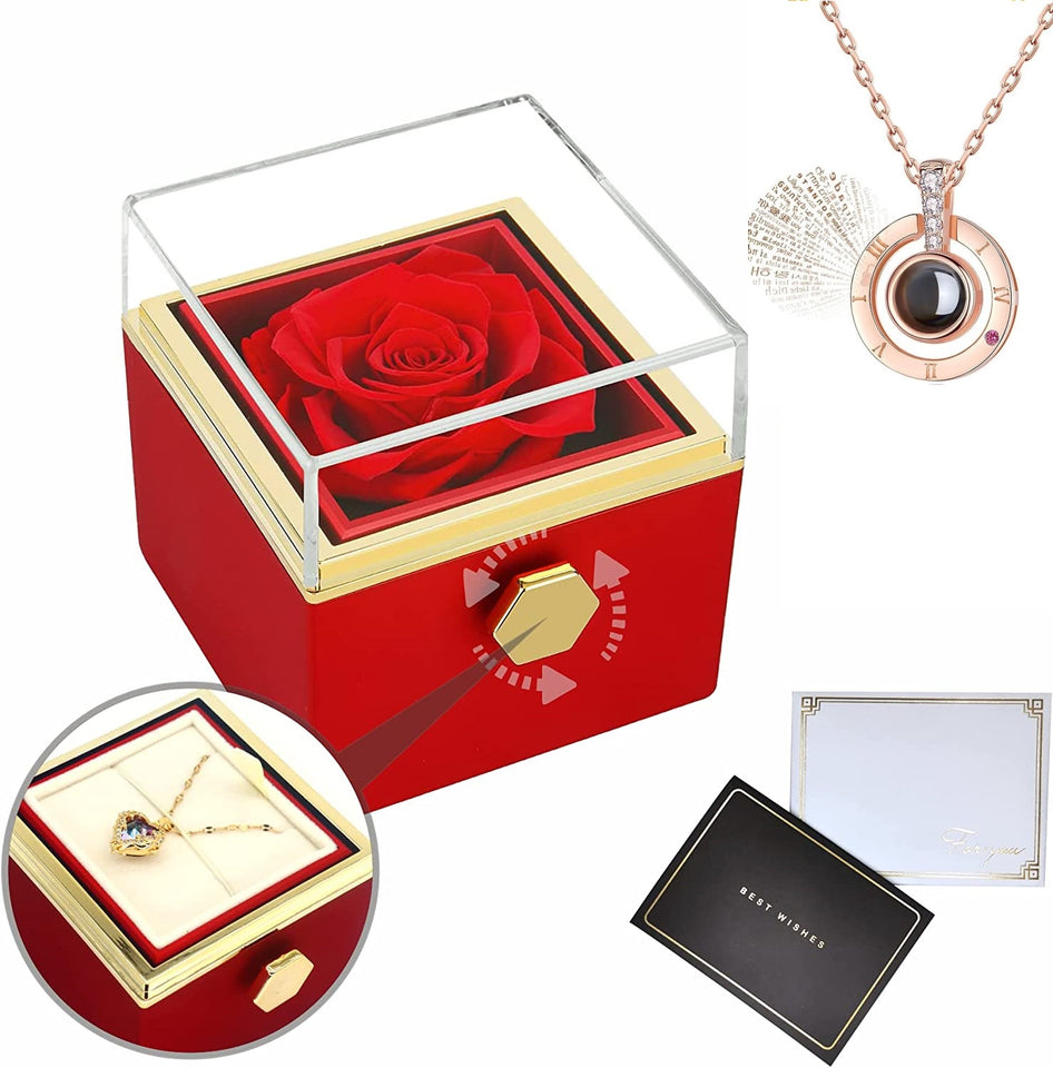 Rotating Natural Eternal Rose Jewelry Box With Necklace -  Red-With-Necklace-Love-You-In-100-Languages