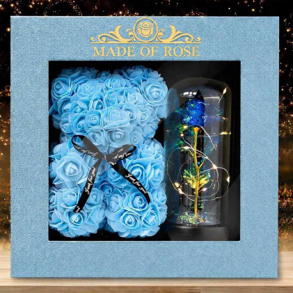 Valentine's Day Gift Bundle Galaxy Rose + Rose Bear Blue [NEW] Madeofrose®