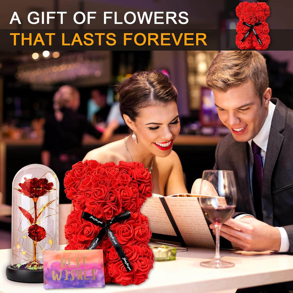 Valentine's Day Gift Bundle Rose In Glass + Rose Bear Red [NEW] Madeofrose®