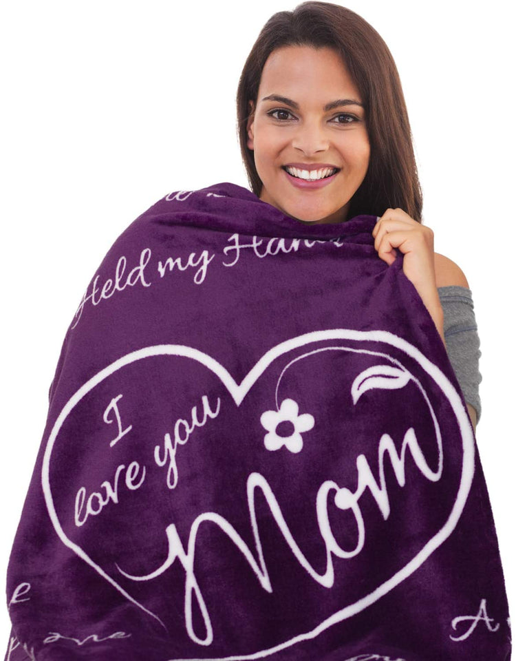 Woman covered by the I Love You Mom blanket 