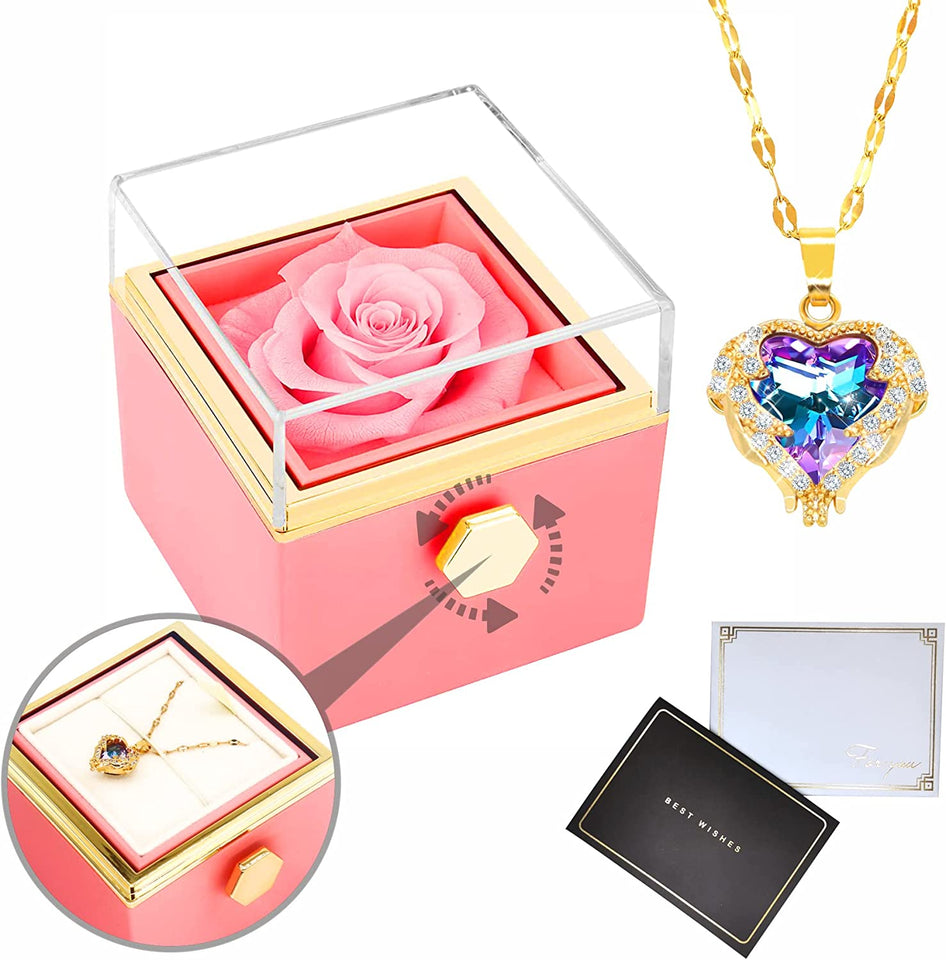 Rotating Rose Jewelry Box With Necklace -  Pink