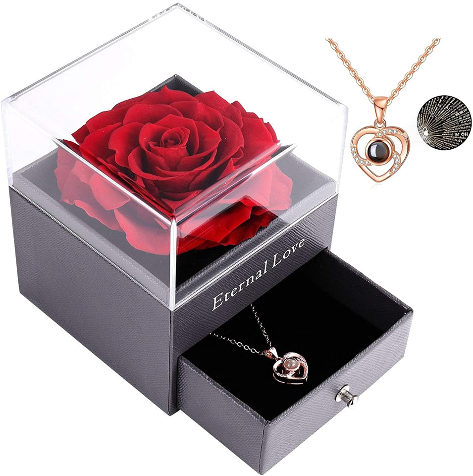 Rose Jewelry Box With Necklace -  Box-With-Gold-Heart-Necklace