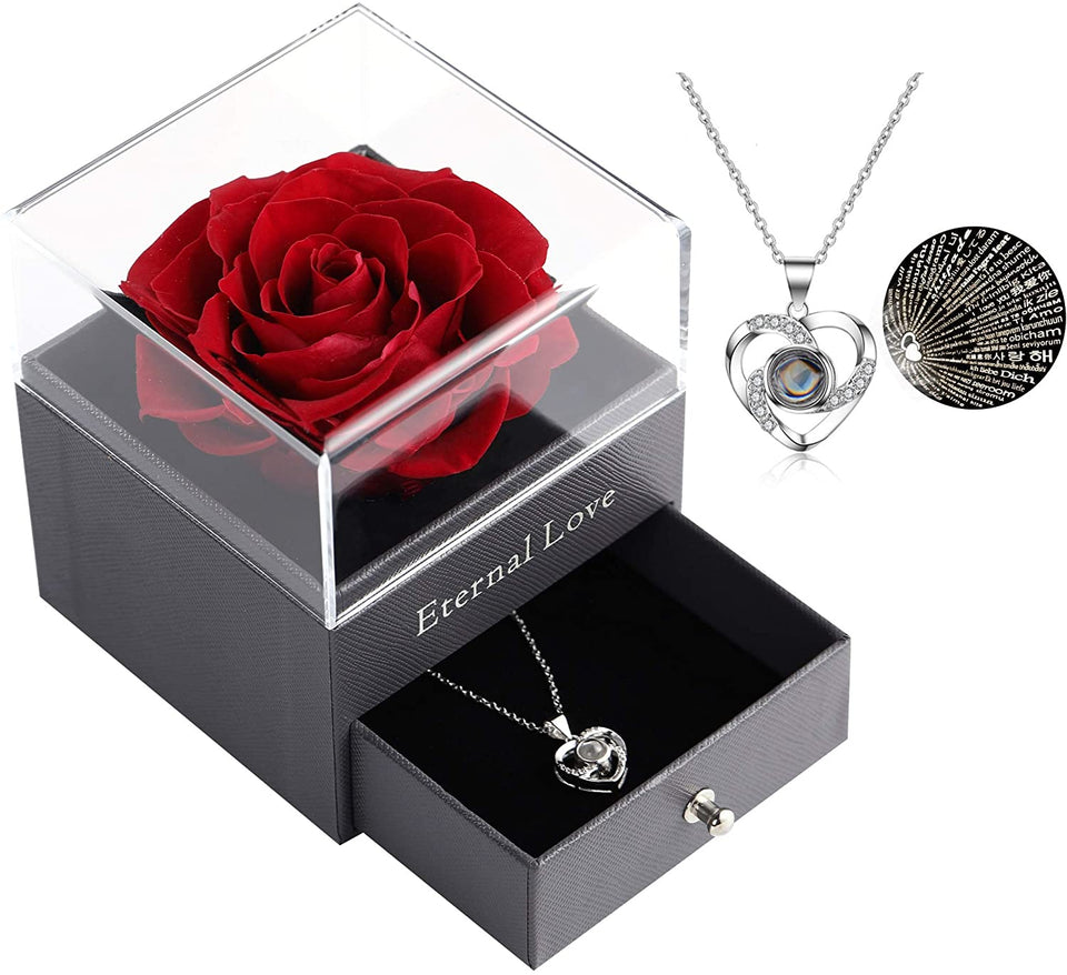 Rose Jewelry Box With Necklace -  Box-With-Silver-Heart-Necklace