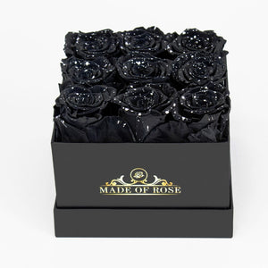 Side view of Black Sparkling Roses In their Box