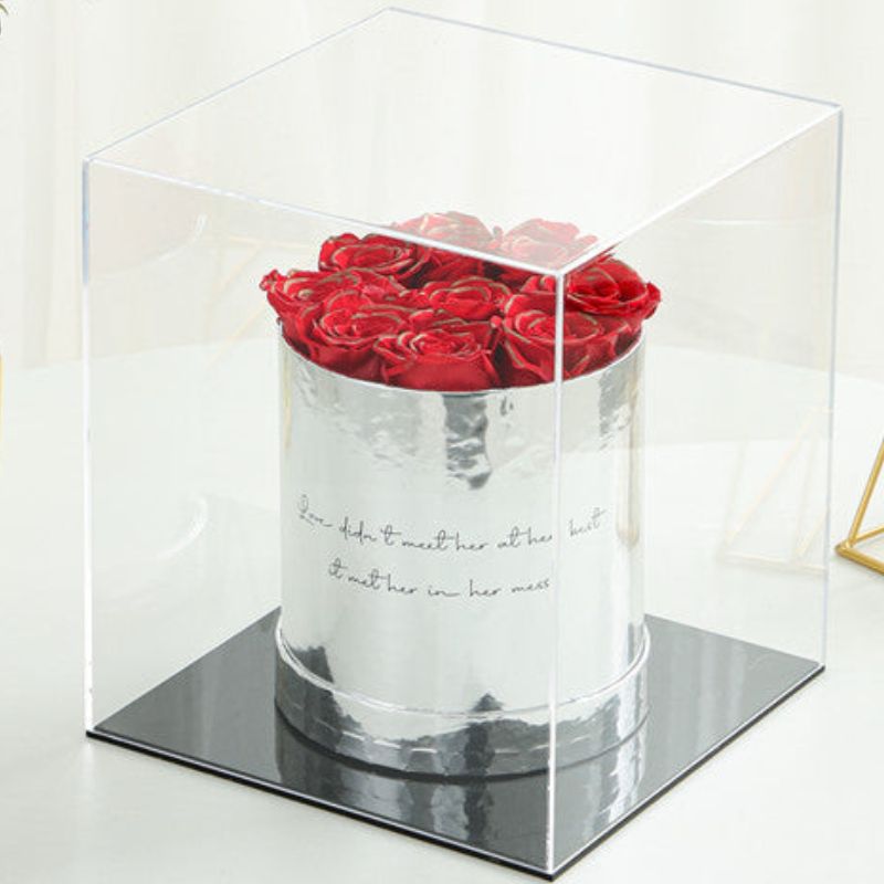 Luxury Round Silver Box Preserved Roses closeup shot   