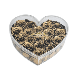 Luxury Golden Roses In Heart Acrylic Box