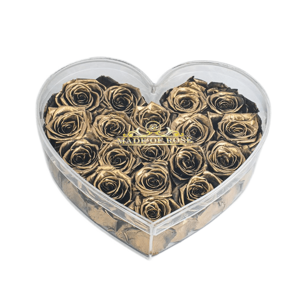 Luxury Golden Roses In Heart Acrylic Box