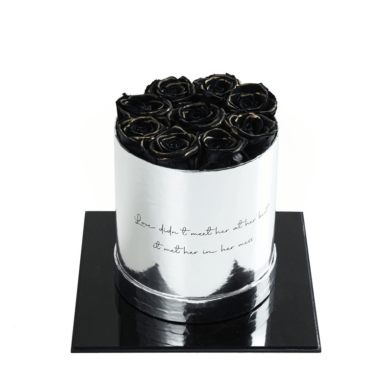Luxury Round Silver Box Preserved Roses -  Black 
