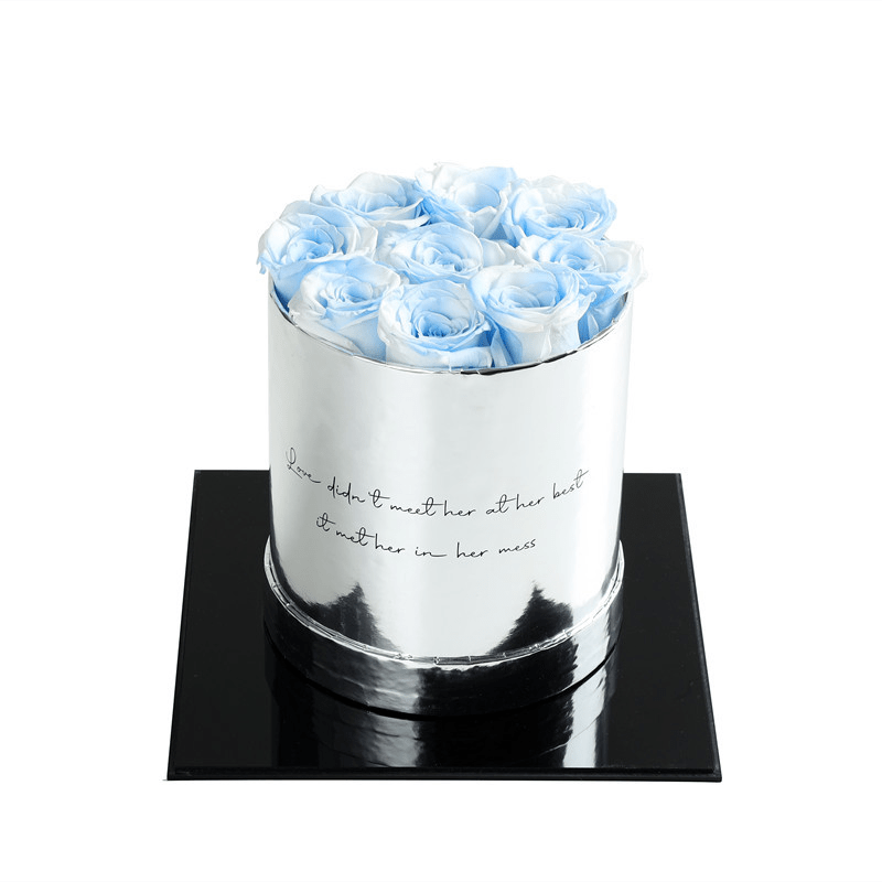 Luxury Round Silver Box Preserved Roses -  Blue 