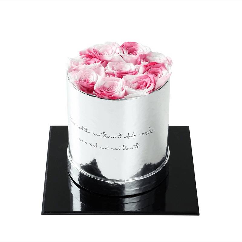 Luxury Round Silver Box Preserved Roses -  Pink 