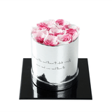 Luxury Round Silver Box Preserved Roses -  Pink 