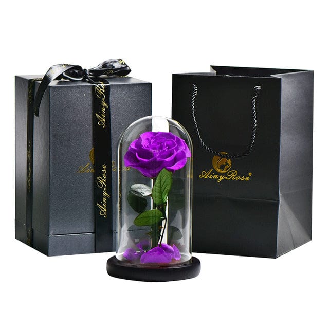 Preserved Natural Rose In Glass Dome + Gift Box -  Purple