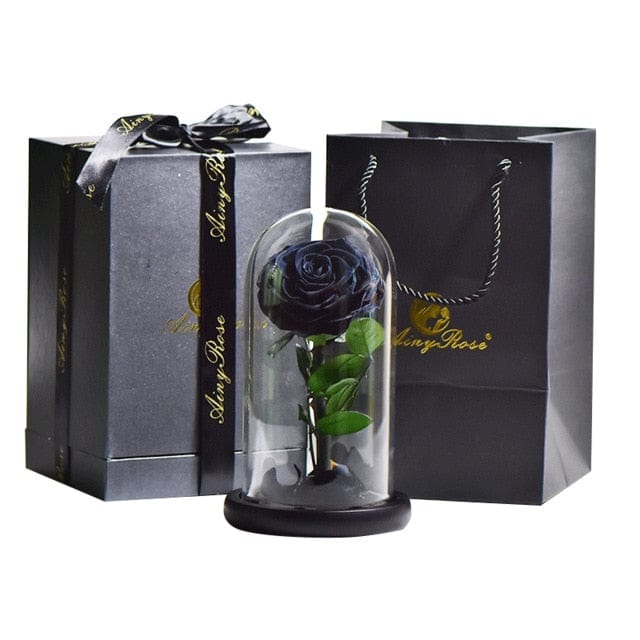Preserved Natural Rose In Glass Dome + Gift Box -  Black